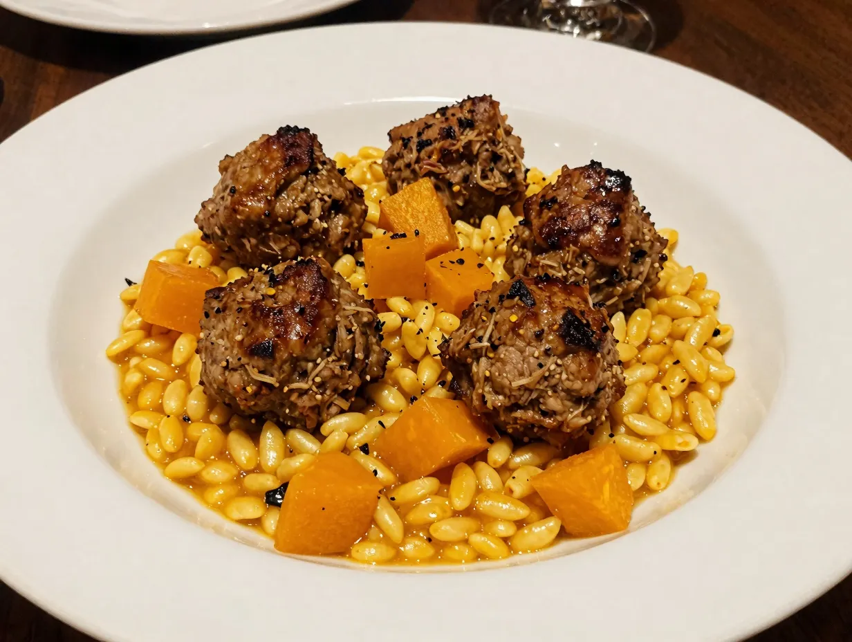 Venison meatballs with spiced butternut orzo