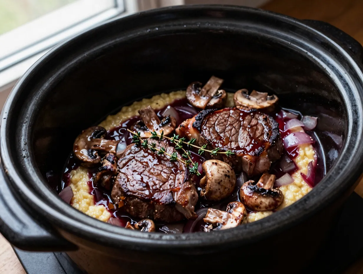 Red wine and mushroom venison steak