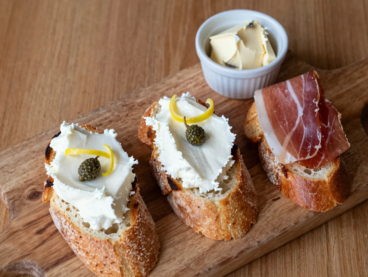 Anchovy butter crostini with whipped ricotta