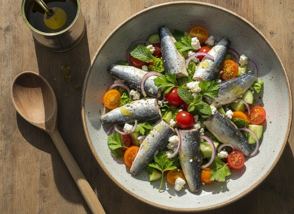 Mediterranean sardine salad with feta and cucumber
