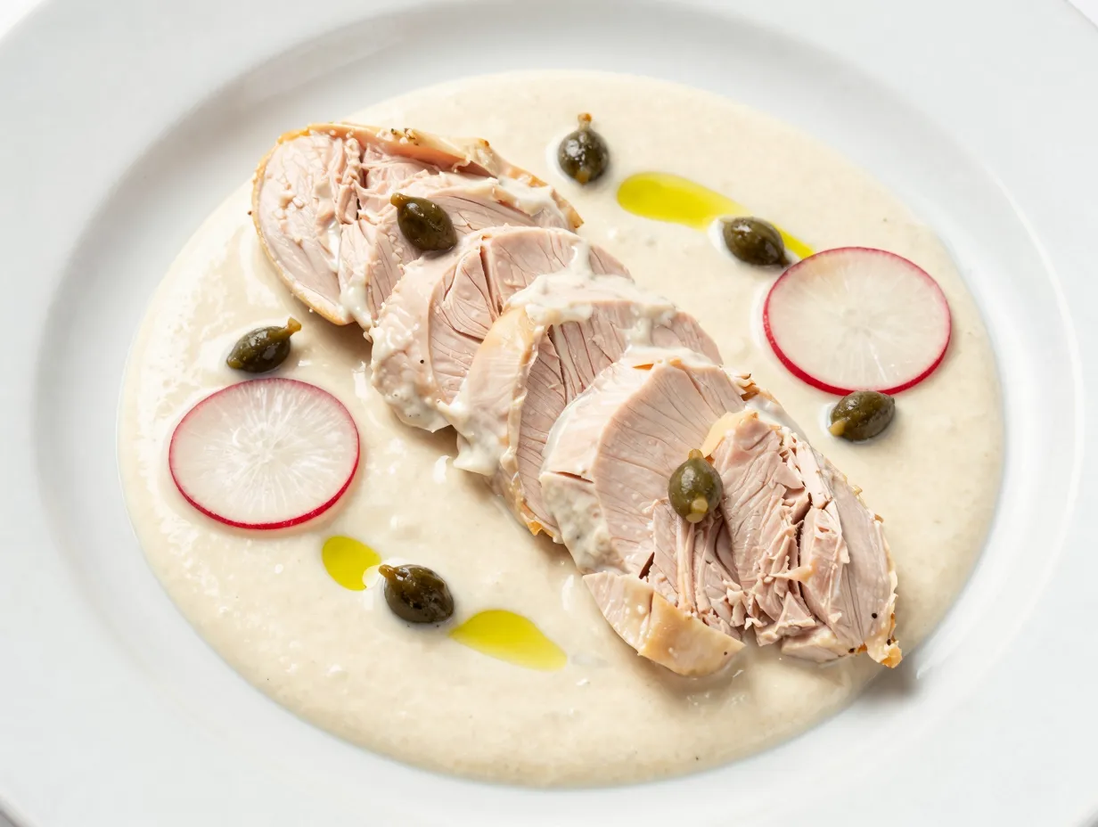 Tuna tonnato sauce over sliced chicken or vegetables