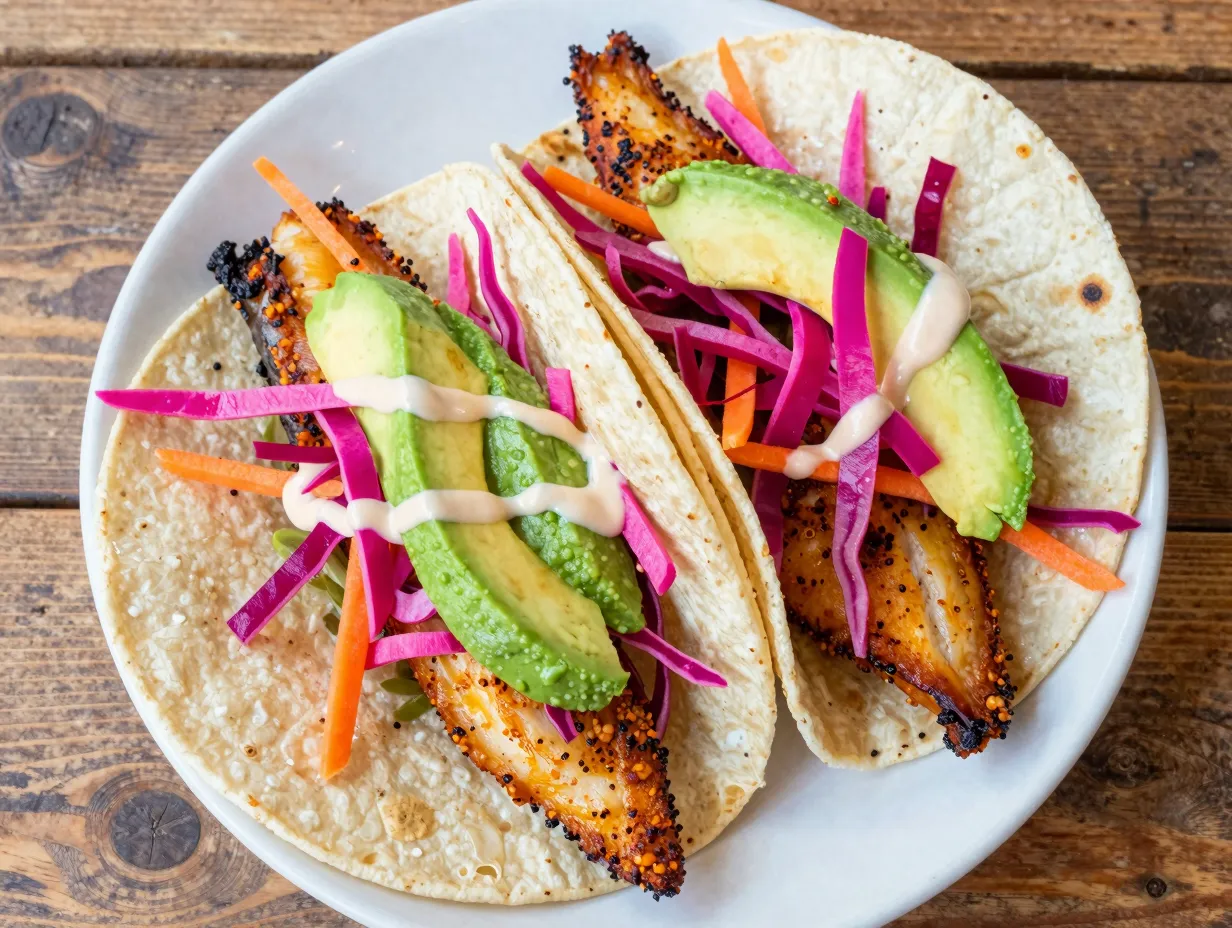 Cumin spiced mackerel tacos with pickled slaw