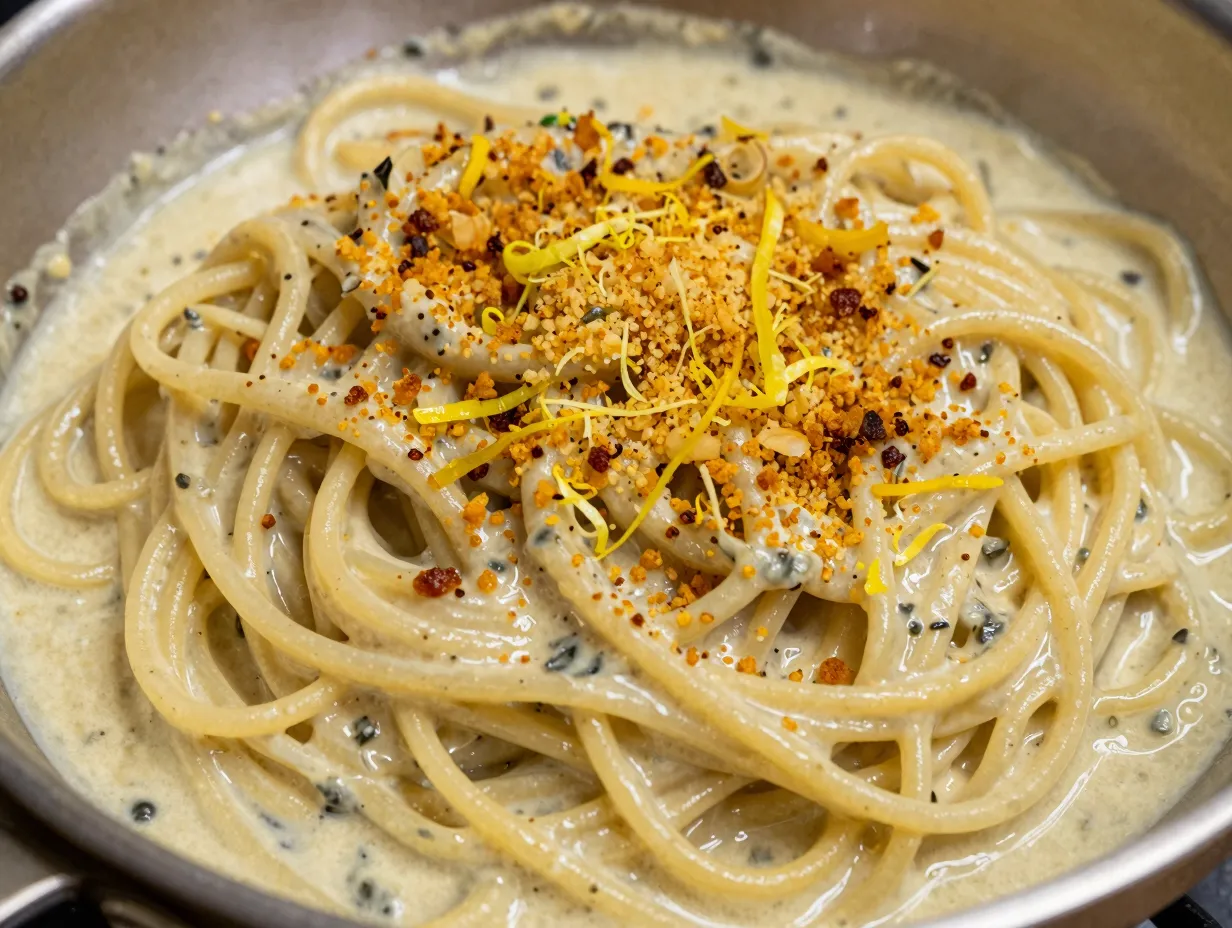 Spaghetti with anchovy butter breadcrumbs and lemon
