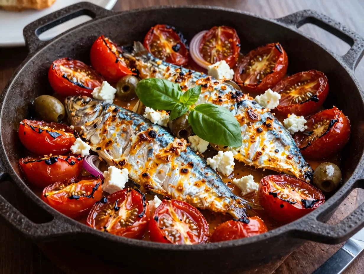 Mediterranean baked sardines with feta and roasted tomatoes